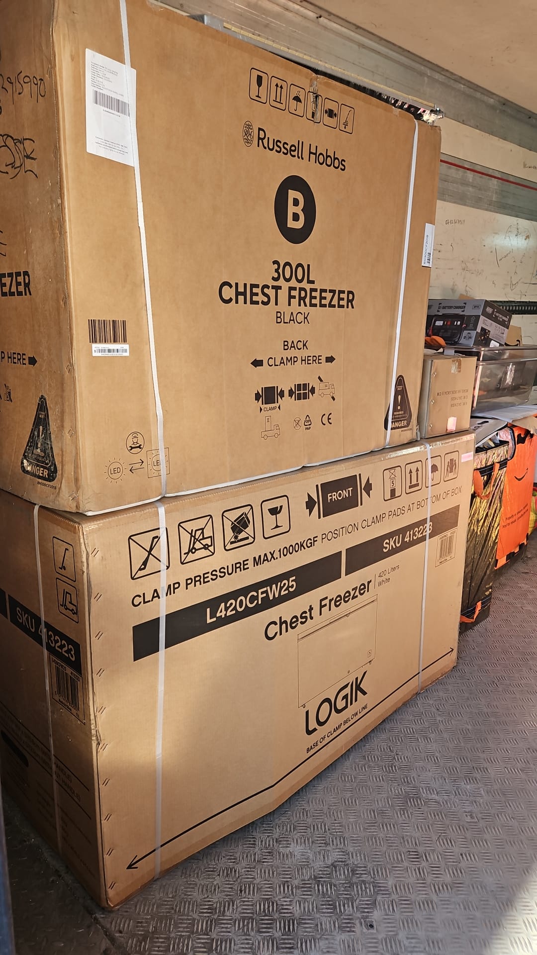 Chest freezers boxed for shipping to Nigeria