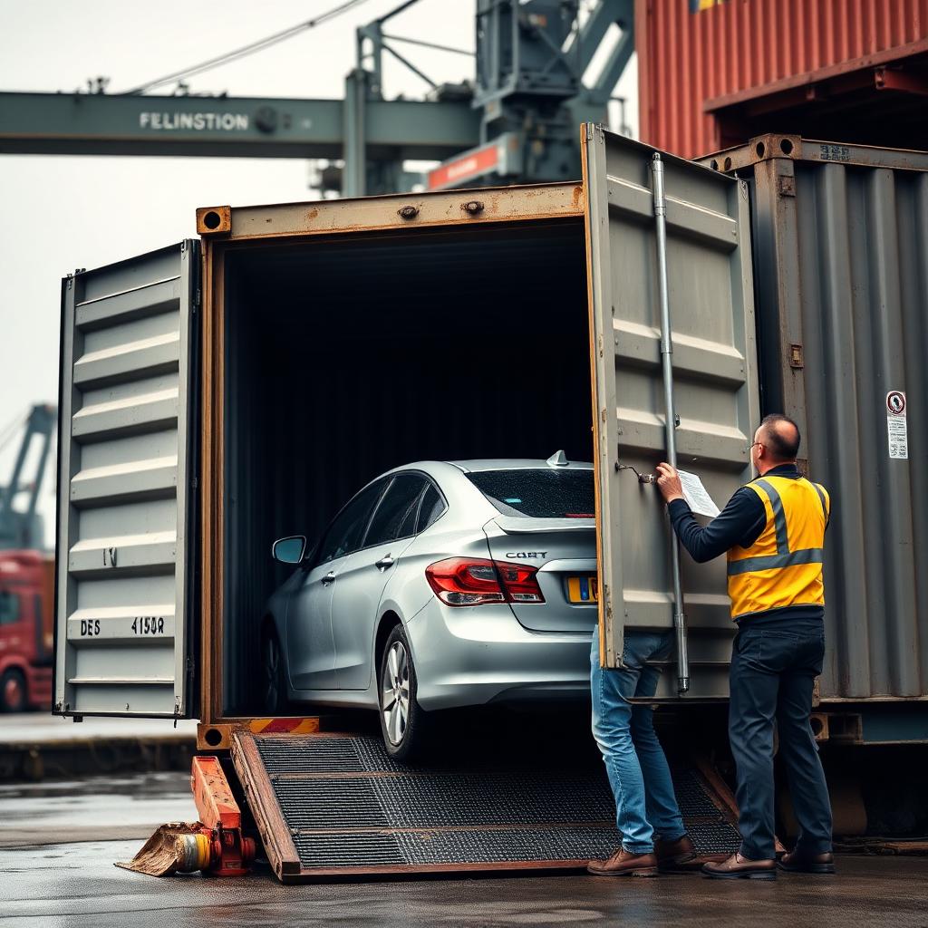 Car being loaded into a shipping container at a UK port