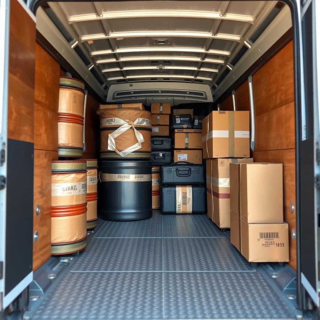 Interior of a cargo van loaded with barrels and boxes