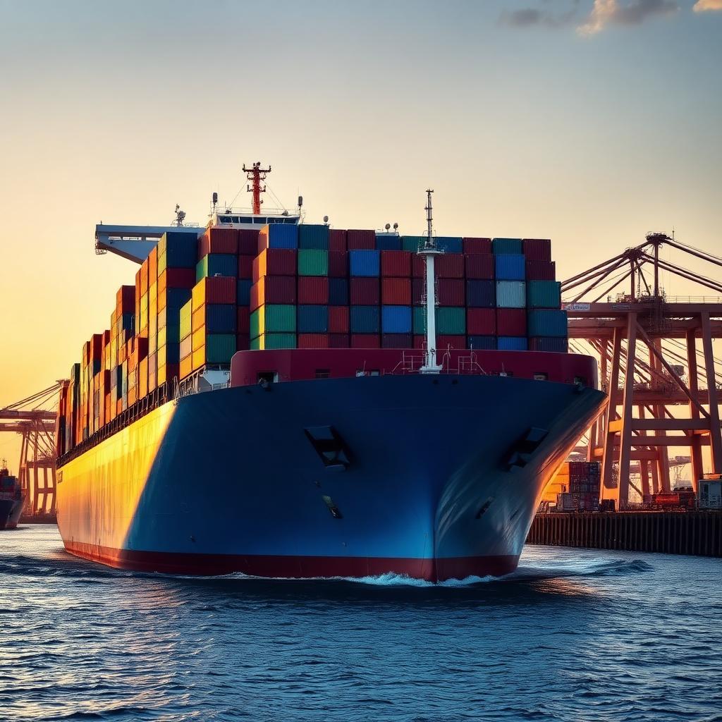 Container ship departing a UK port at sunset
