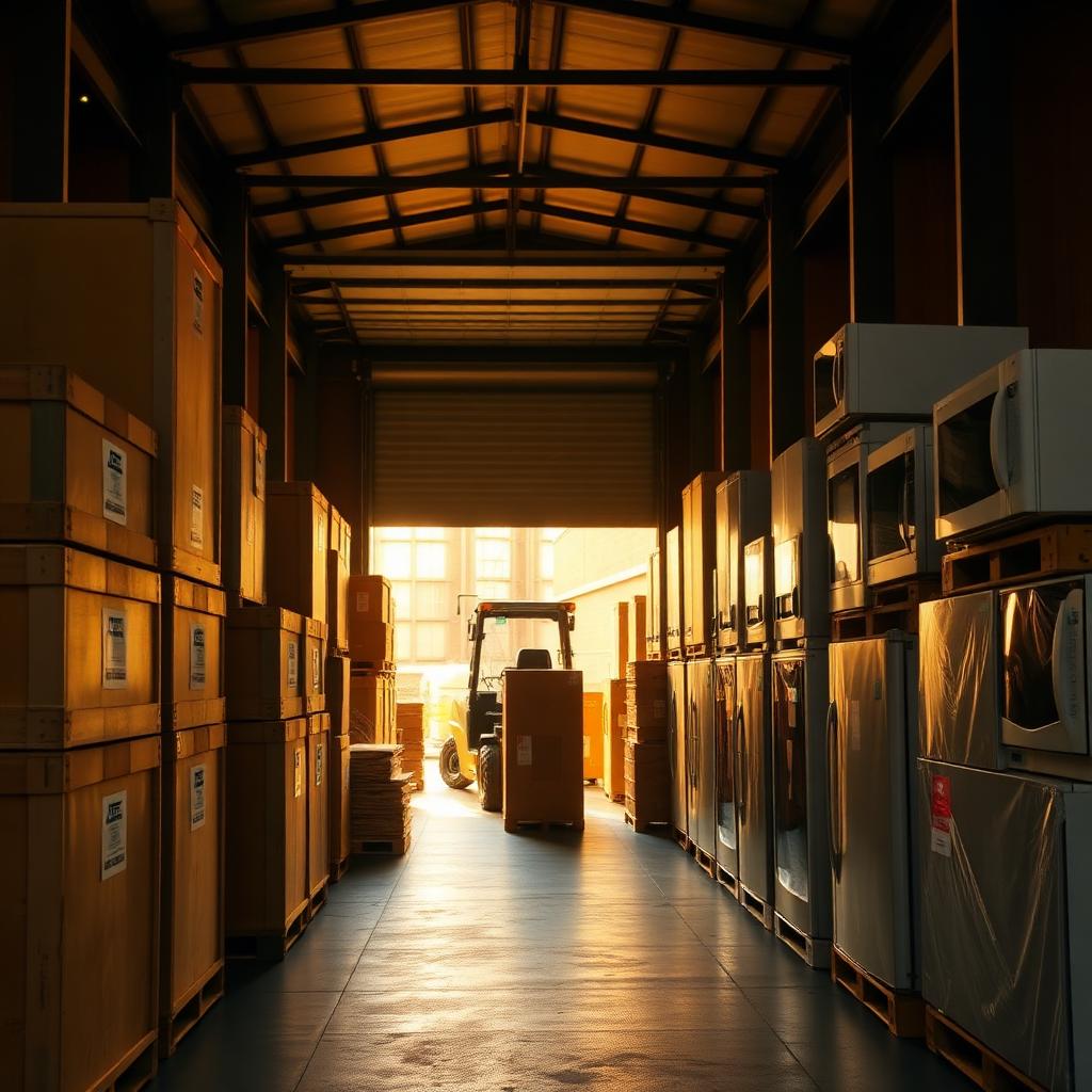 UK warehouse with crates and appliances prepared for export